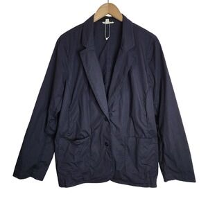 Eileen Fisher Blazer Women's XL‎ Poplin Notch Collar Organic Cotton Navy